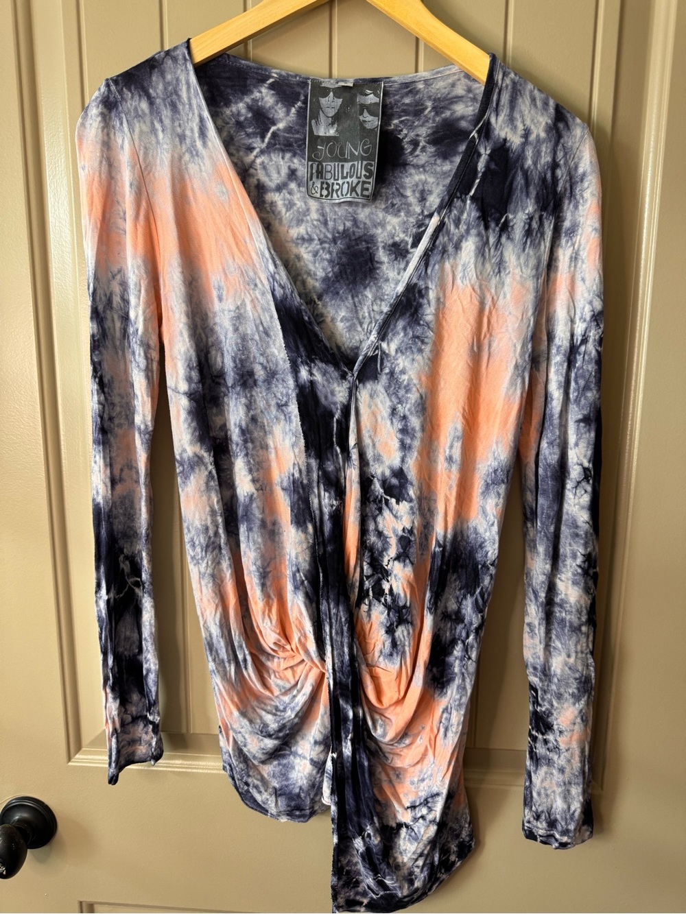 Young Fabulous & Broke Peach and Navy Tie-Dye V-Neck Long Sleeve Top
